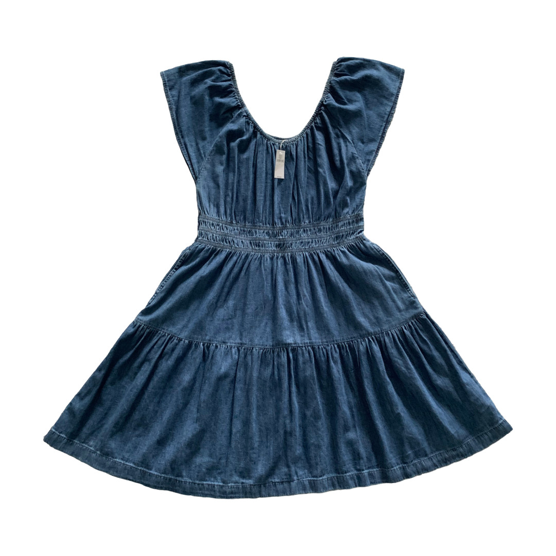NWT GAP Denim Short Flutter Sleeve Tiered Round Neck Mini Dress w. Pockets Sz L