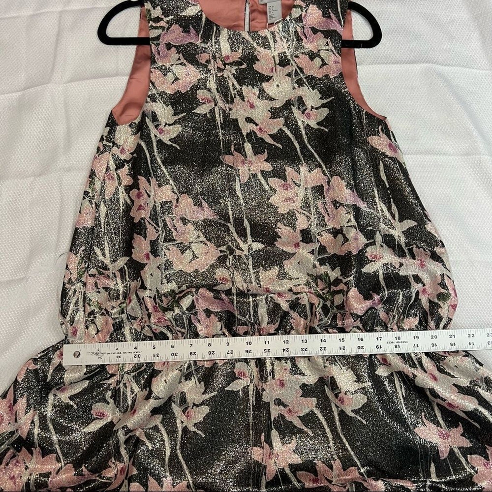 H&M Silver Metallic Pink Floral Elastic Peplum Silk Blend Dress‎ 6 Women’s NWT