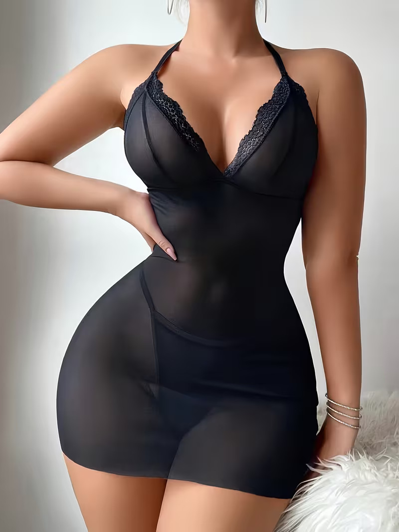 NEW Medium Sexy 2-Piece Black Lingerie Bodycon. Backless Pearl String Babydoll.
