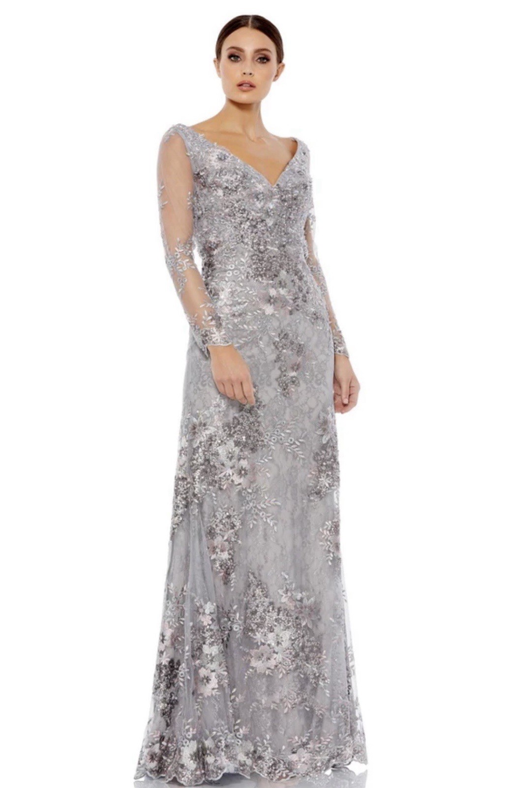 Mac Duggal 67539 Sz 12 Platinum Gray Floral Embroidered Embellished Gown $698