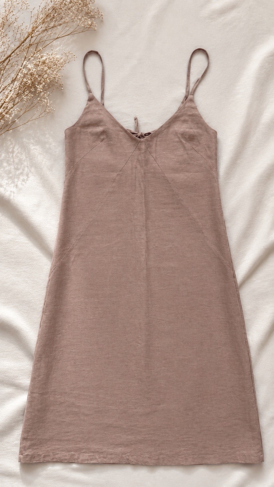 Women’s Linen Cotton Blend Slip Dress Size S Beige Open Back Tie Straps Midi