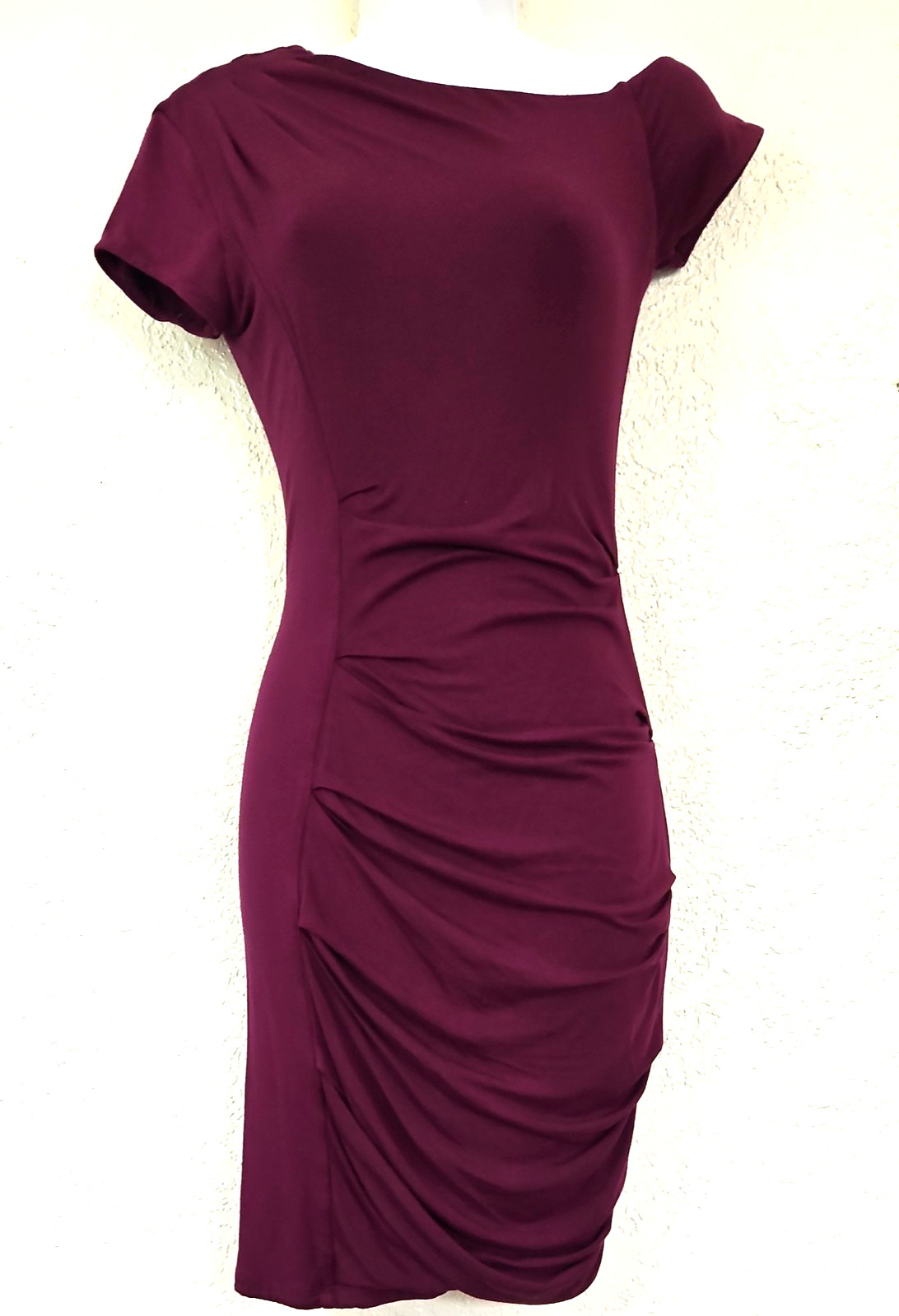 BEBE Sz XS Purple Ruched Asymmetrical Dress Bodycon Knee Length