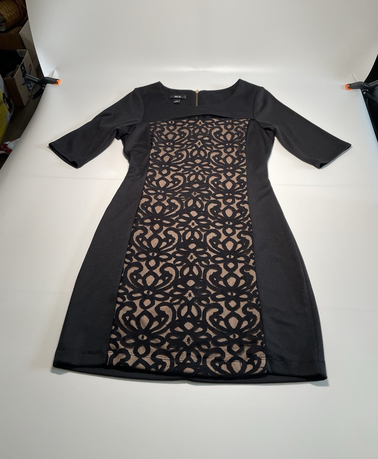 BCX Front Panel Beige & Black Lace Stretch Evening Dress Size 3