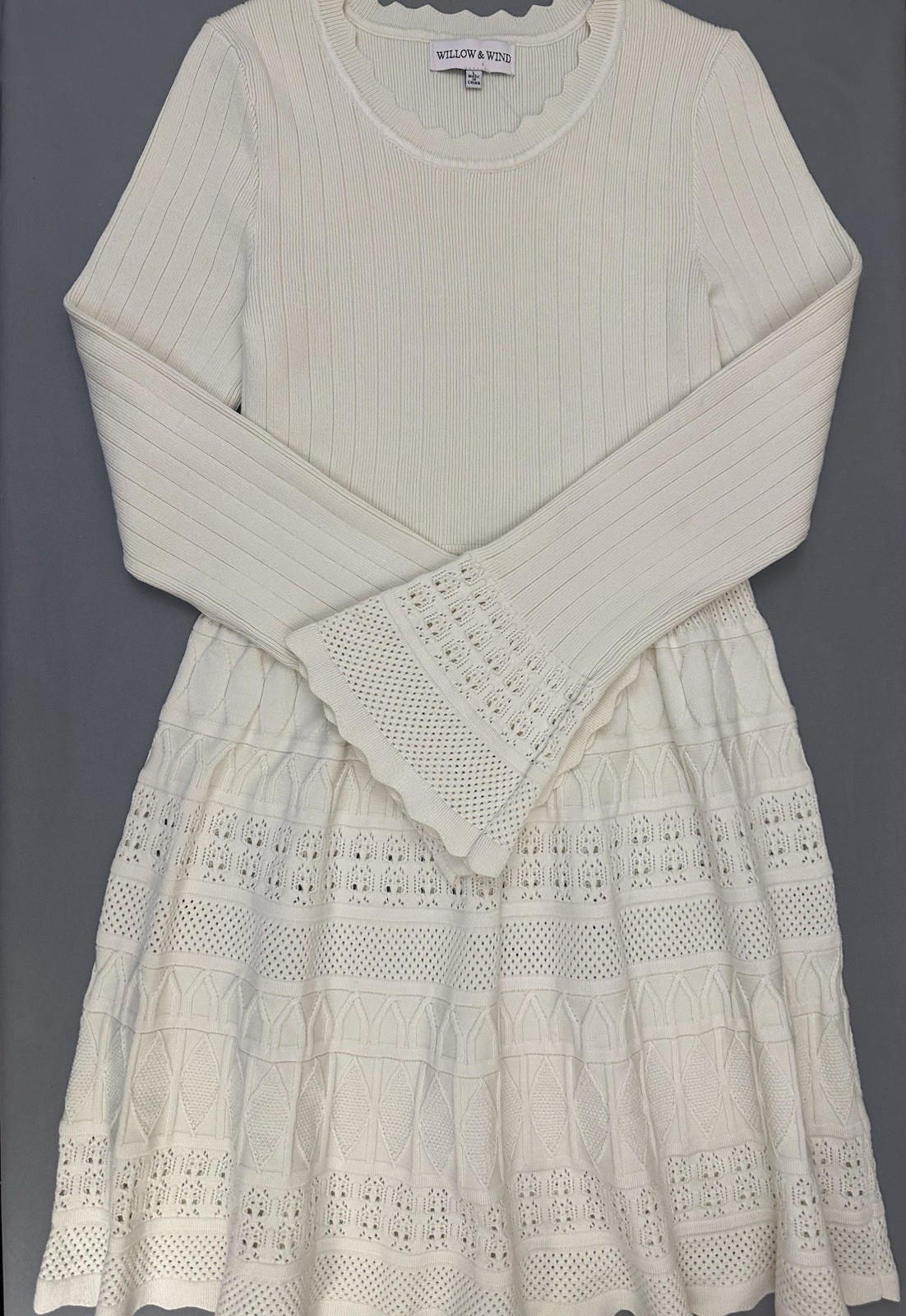 Willow & Wind Cream Rib Knit Scoop Neck Pullover Dress L Scalloped Stretch