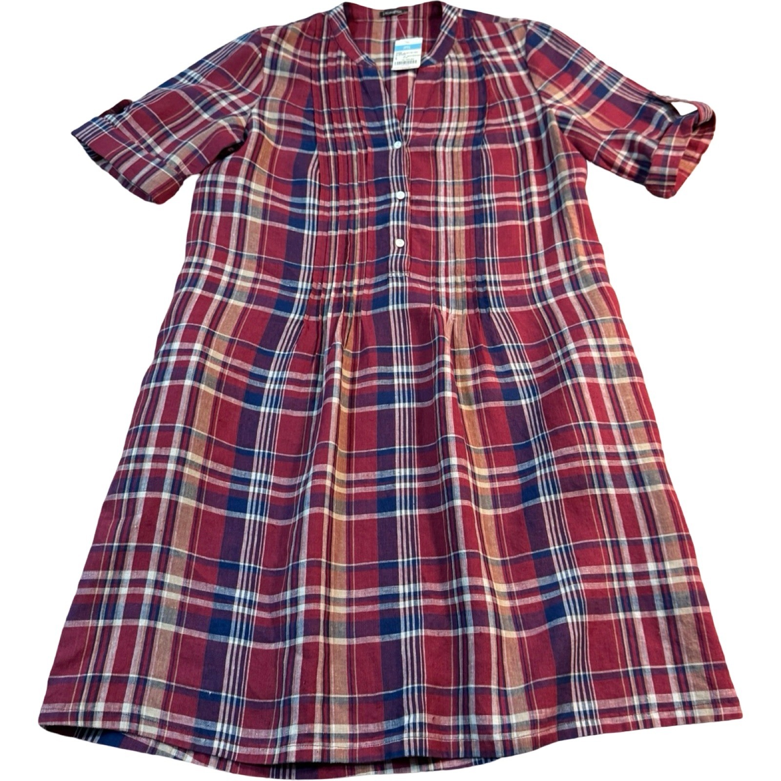 J McLaughlin Riviera Dress Women’s L 100% Linen Plaid Wine Navy Band Collar NWT
