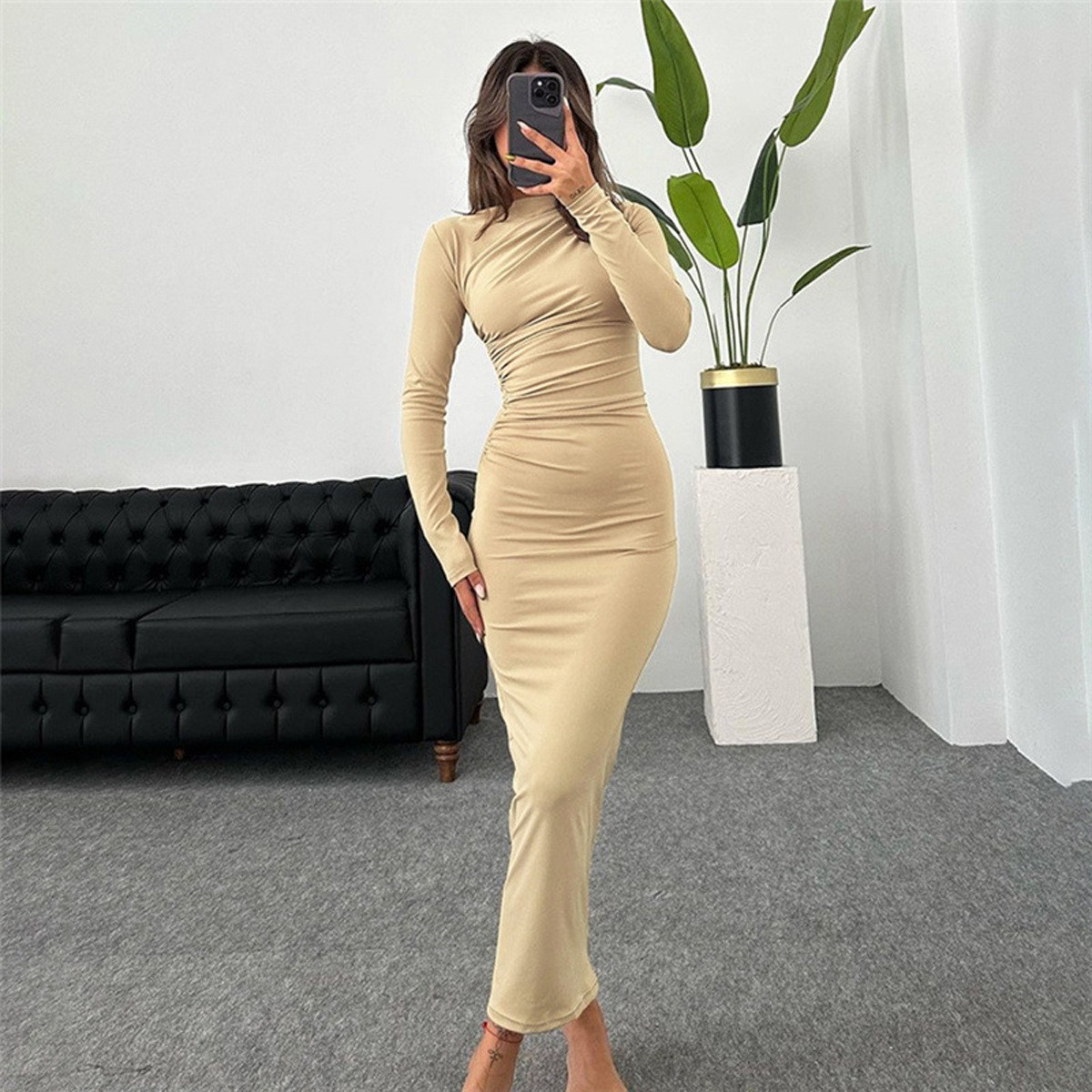 Slim fit solid color temperament long hip hugging dress