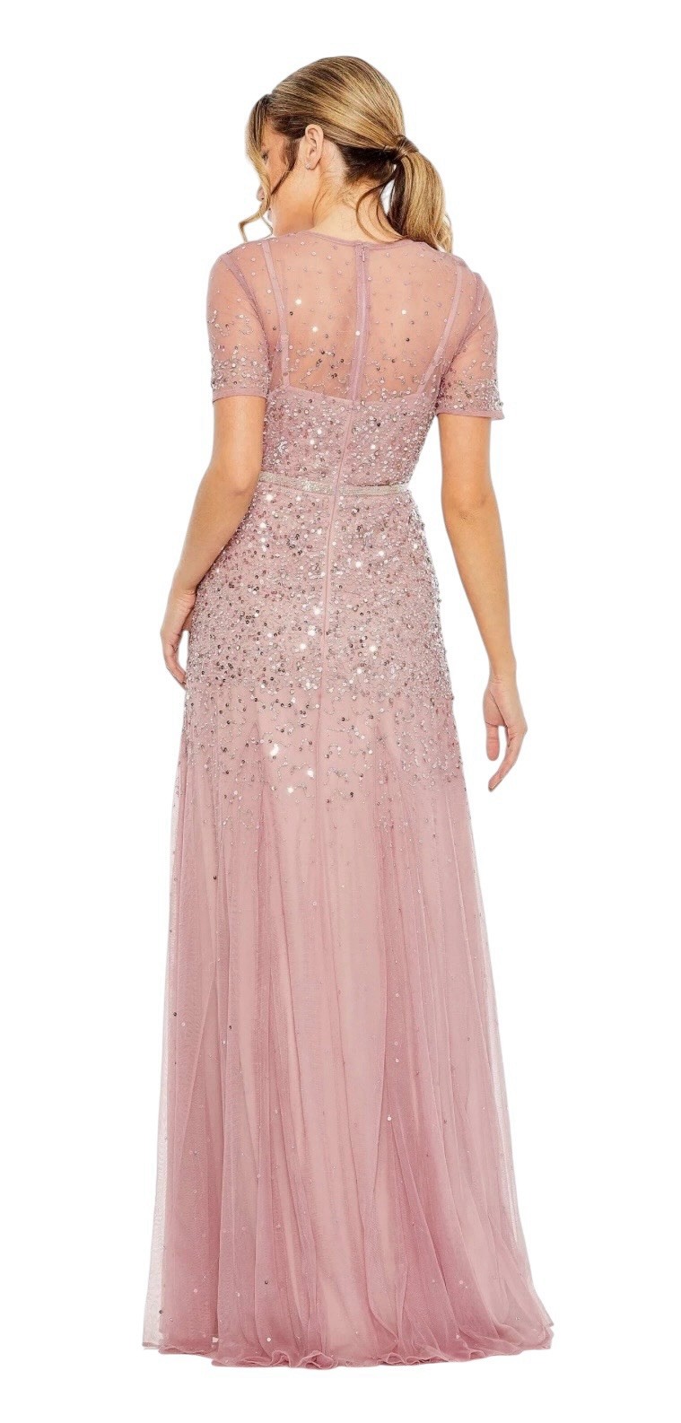 Mac Duggal 93909 Short Sleeve Embellished Tulle Gown Rosewood Size 12 $598