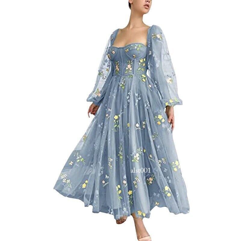 LADY Womens Embroidery Flower Puffy Sleeve Prom Dress Lace Up A-line Midi Dress