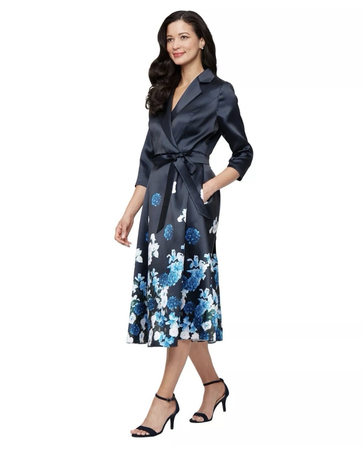 Alex Evenings Women Stretch Faille 3/4-Sleeve ALine Dress Navy Multi Sze 14 $189
