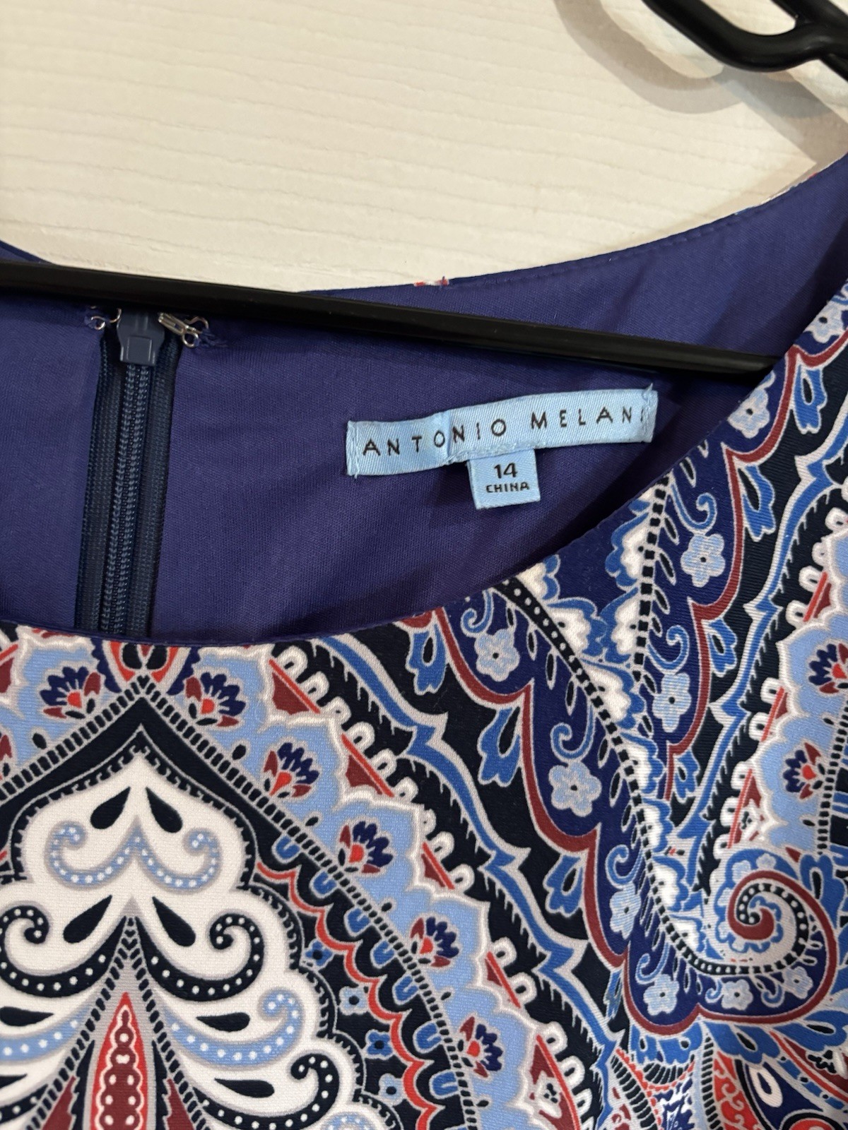 Antonio Melani Blue/Red/White Paisley Shift Dress 3/4 Sleeve Lined Zip 14