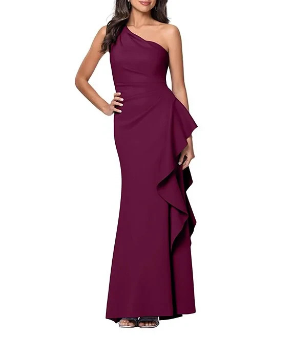 Xscape One Shoulder Side Ruffle Scuba Crepe Gown Raisin Color Size 4 $248