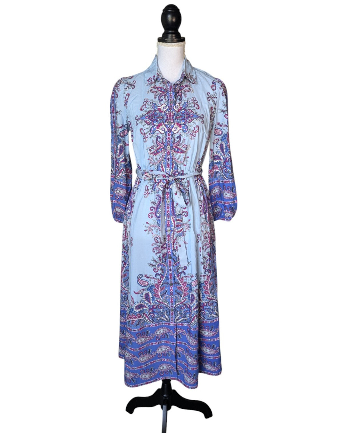 Loft Light Blue Paisley Floral Midi Shirtdress Size XS Button Front Collar Belt