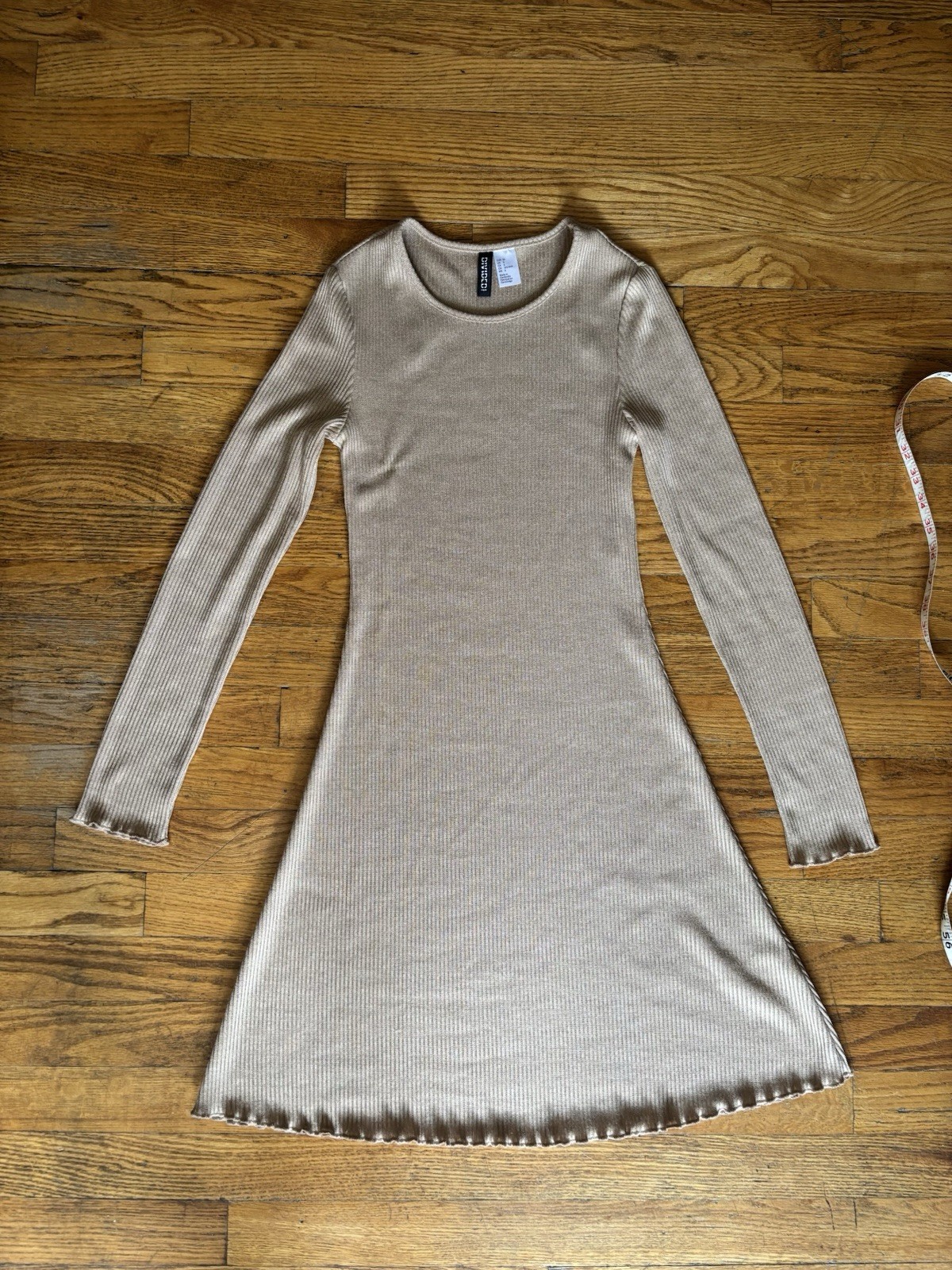 H&M Beige Ribbed Knit Ruffle Round Neck Bodycon Mini Dress Long Sleeve 6 / S