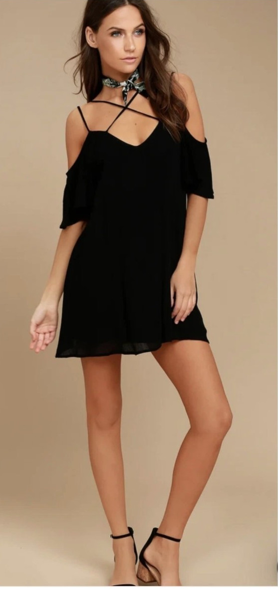 Lulus “Afterglow” Black Scrappy Cold-Shoulder Shift Dress XS