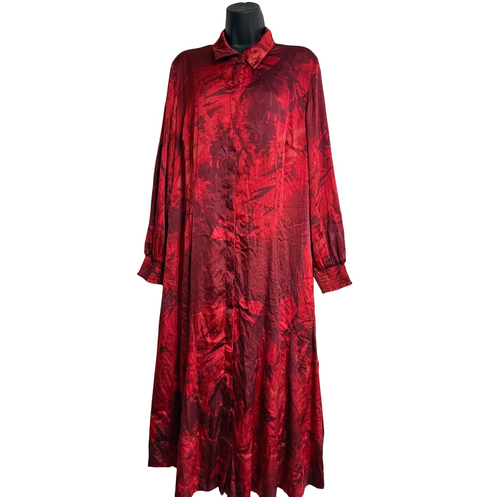 Chico’s Red Abstract Print Button Down Maxi Shirt Dress Smocked Cuff Size 2.5 14