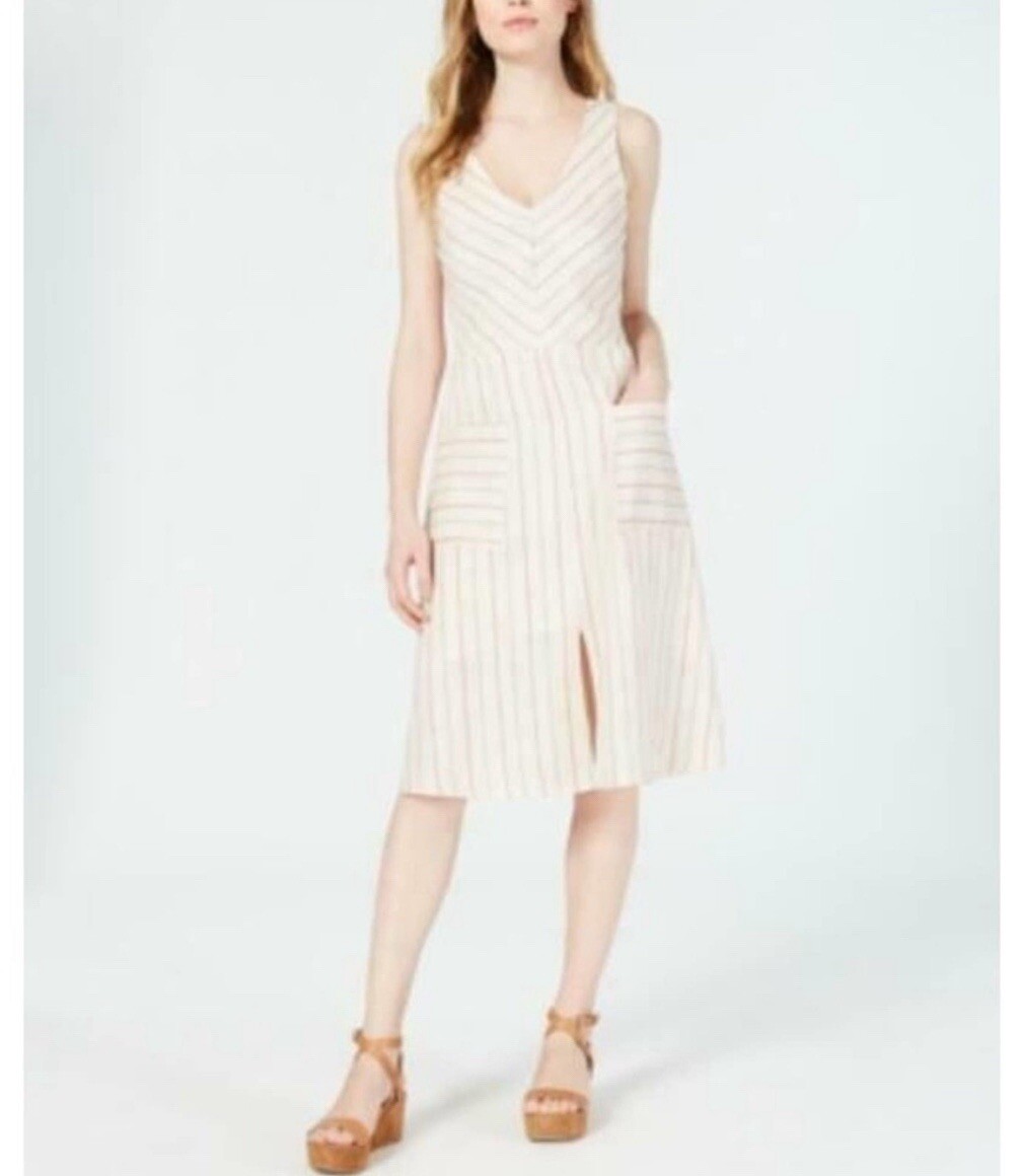 Monteau Linen Blend Pinstripe Sundress Natural Ivory Sleeveless Size Large New