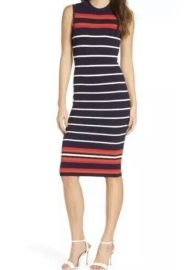 New ELIZA J Knit Sheath Navy Blue Striped Dress Stretch Midi Size SMALL