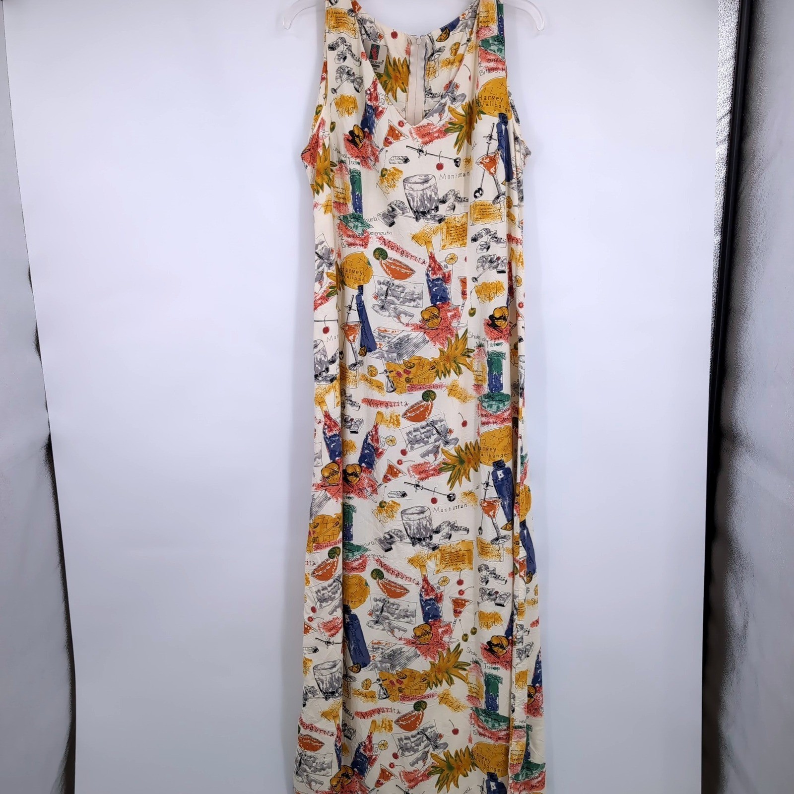 Tori Richard Honolulu Cocktail Recipe Novelty Print Maxi Dress Womens XL Vintage