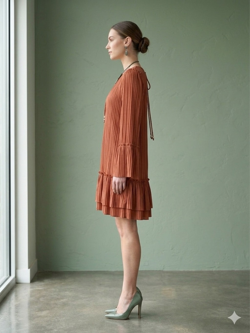 Dress Up Pleated Rust Terracotta Shift Mini Dress Bell Sleeve Boho Tiered M
