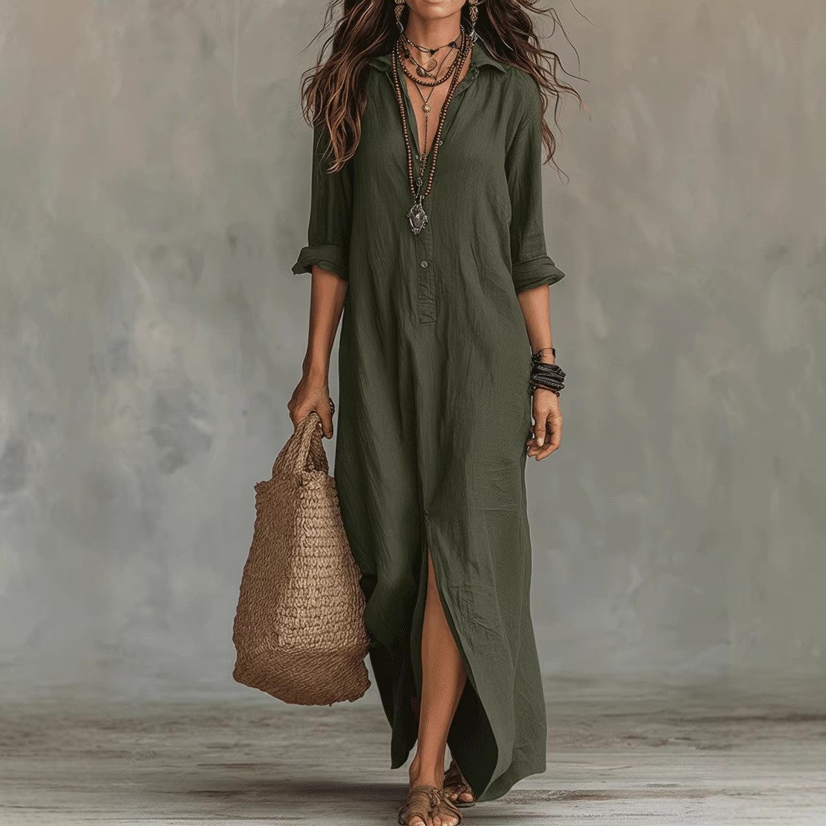 Long-sleeve Maxi Dress Casual Solid Color Lapel Collar Side Slit Beach Dresses W