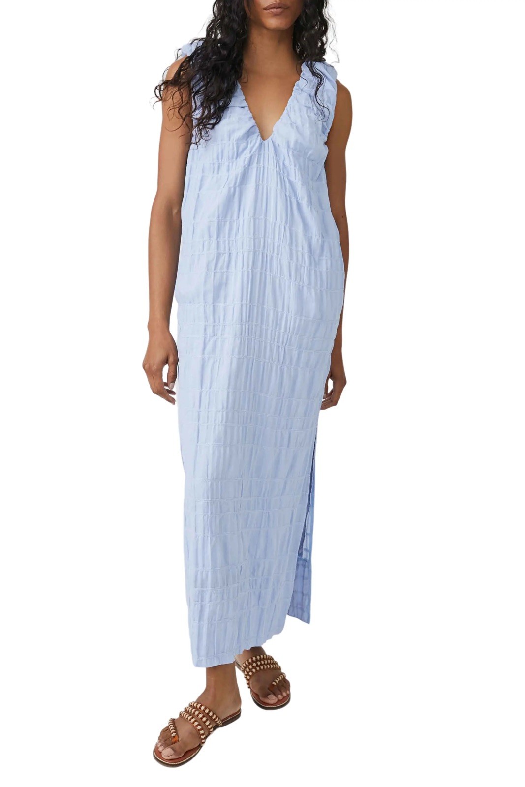 Free People Juno Smocked Maxi Dress XL Blue Striped Tiered Lined Boho Coastal