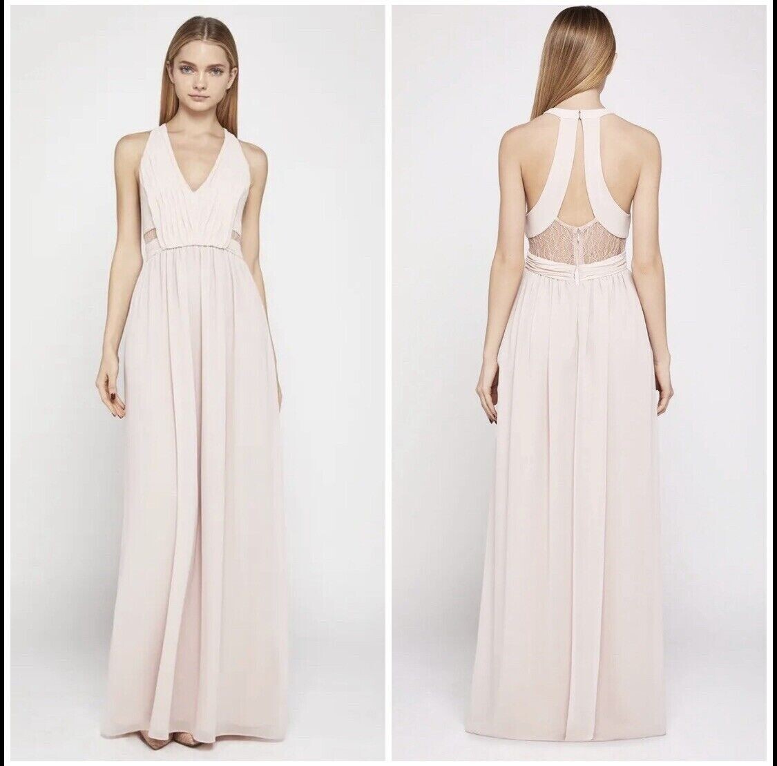 NWT BCBG SIZE 8 Pleated Lace Insert V-Neck Maxi Gown Dress MSRP $138