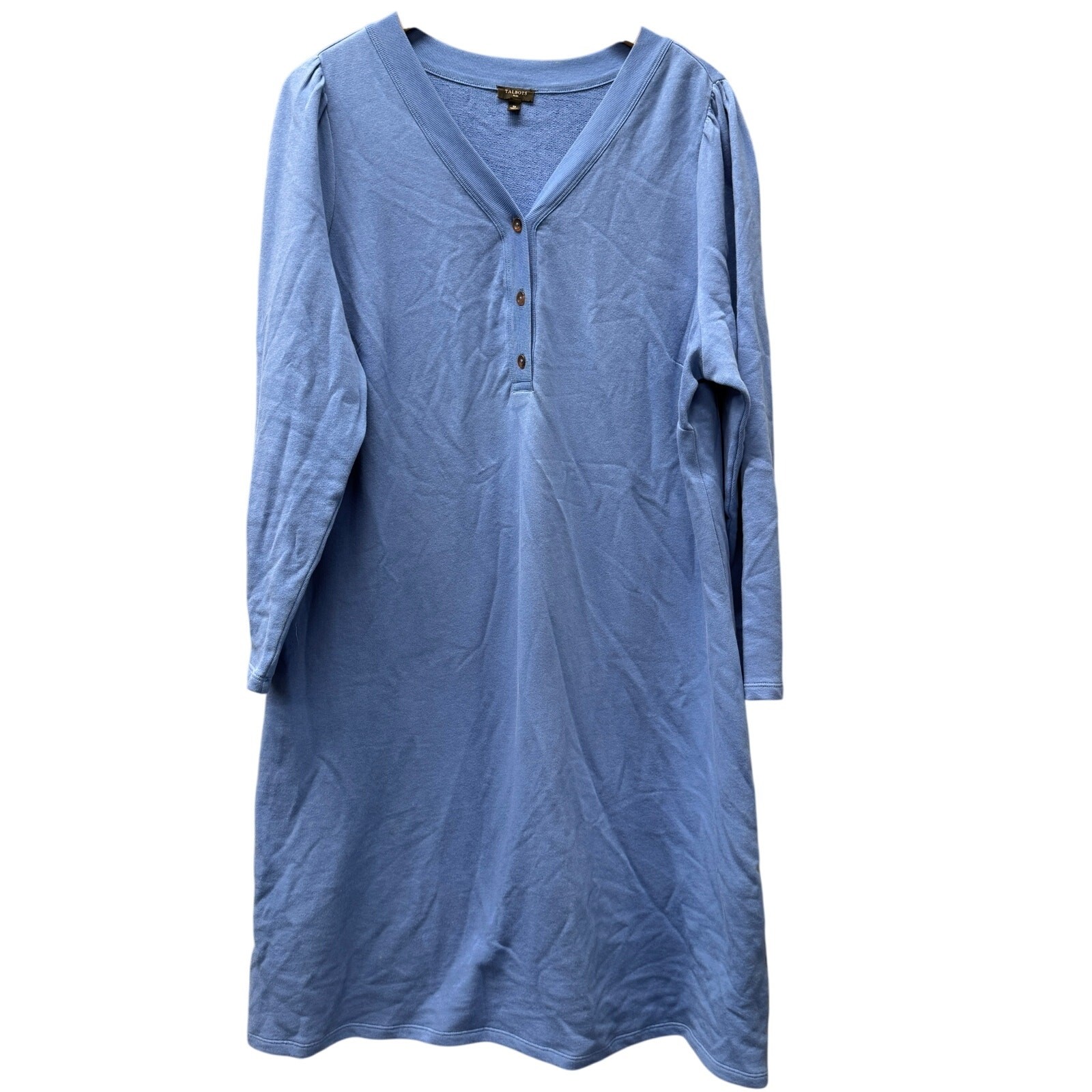 Talbots Sweatshirt Dress Womens 1X Blue French Terry V-Neck Long Sleeve Pullover