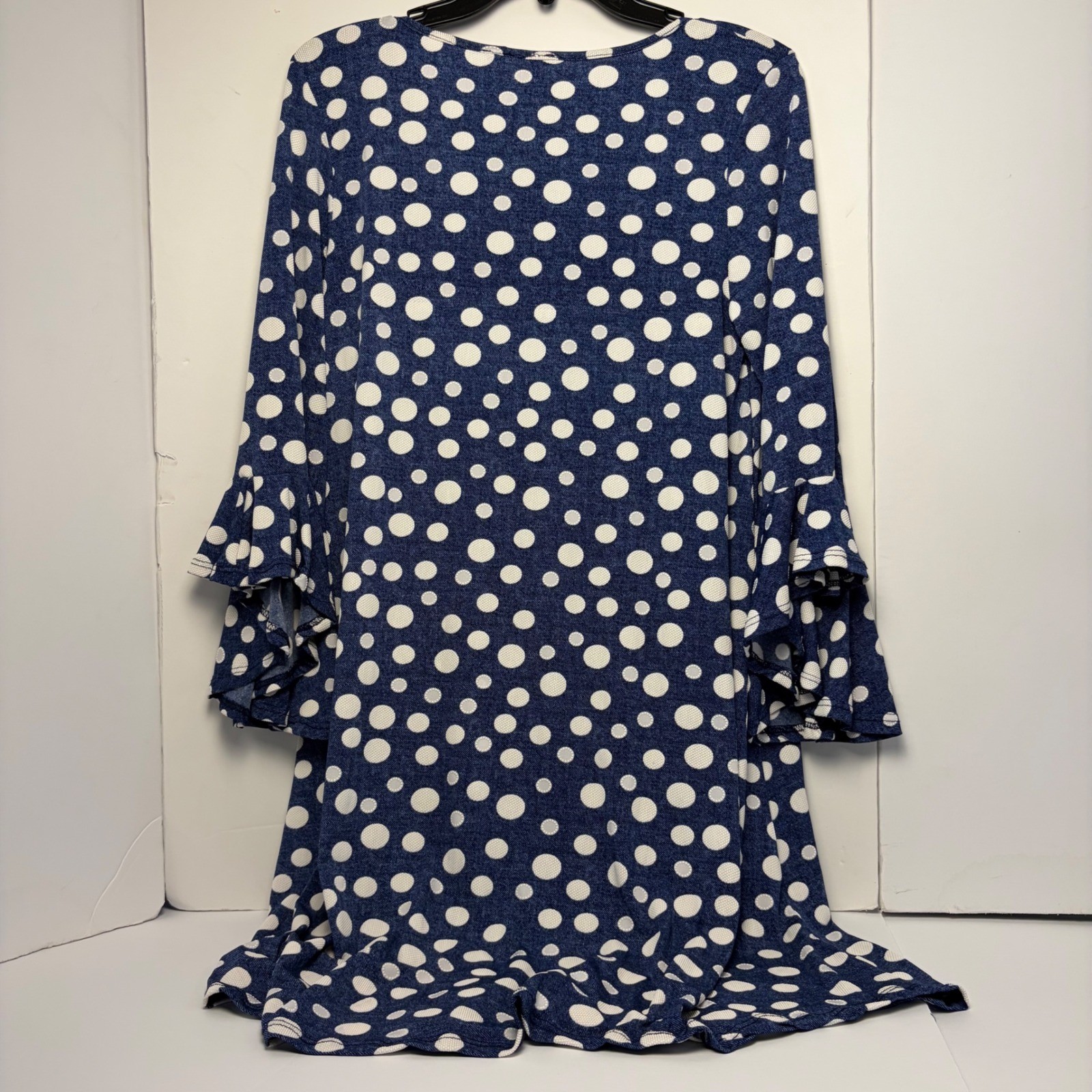 SJS Blue White Polka Dot Ruffle Bell Sleeve Shift Dress Large