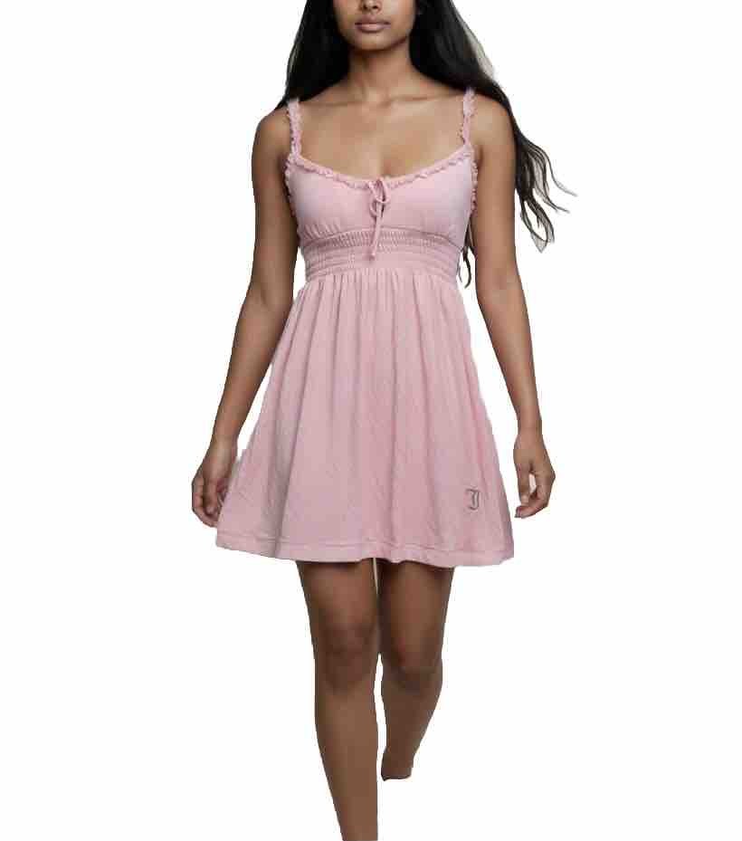 VTG Y2K Juicy Couture Pink Babydoll Mini Dress Rhinestone Logo Coquette Sz M