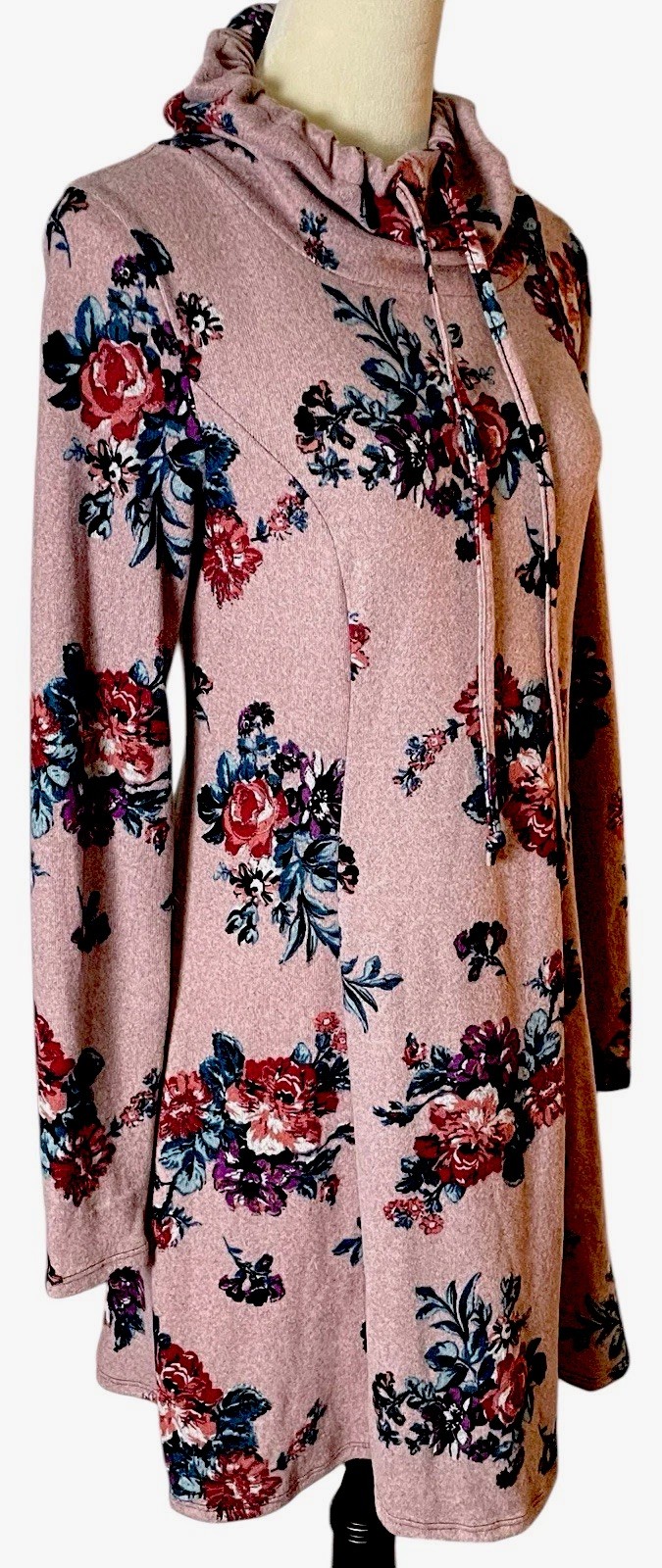 French Terry Floral Dress Long Sleeve Sz L Cowl Neck Structured EUC Cottagecore