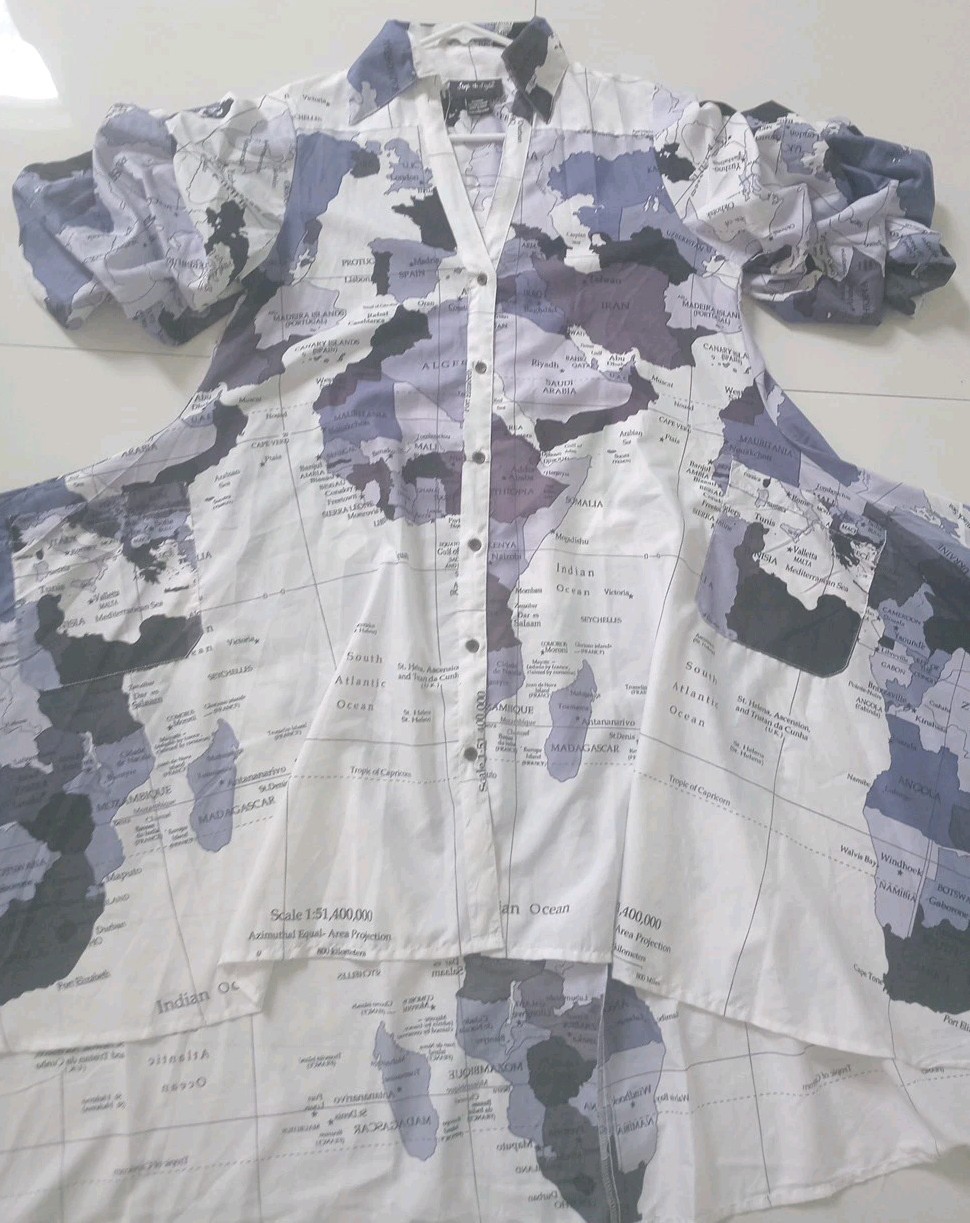 Step In Style World Map Button Up Shirt Dress White Blue/High Low/Ruffle Sleeve