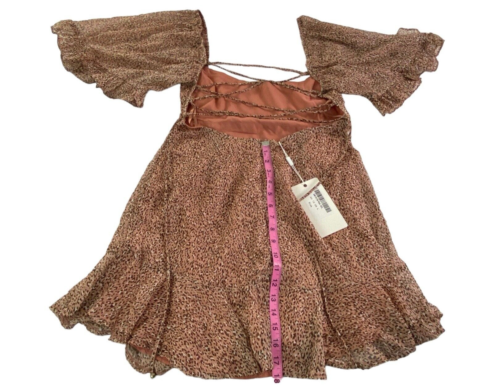 SAINTS SECRETS Women Crisscross Ruffle Open Back Mini Dress Sz L Brown hb-14