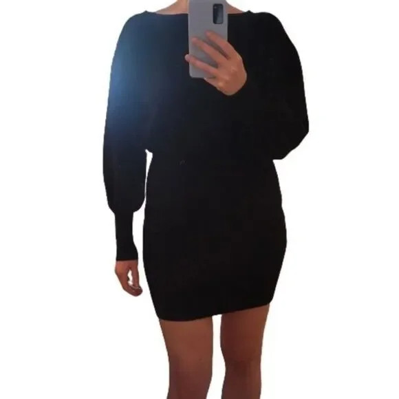 Beginning Boutique Size 12 Mini Sweater Dress Long Puff Sleeve Black