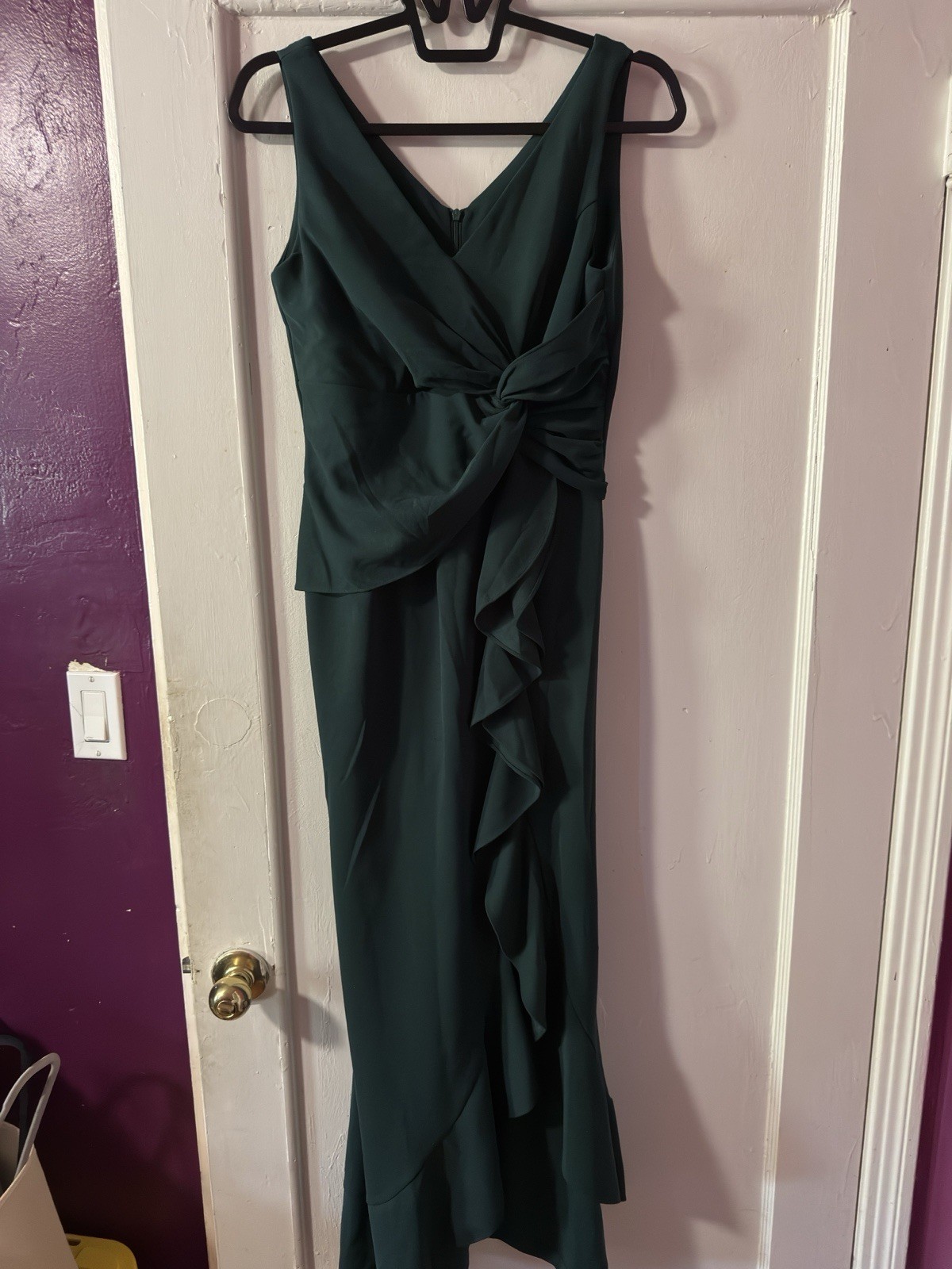 Dark Green Solid Maxi Dress V-Neck Sleeveless Ruffle Ruched Long Size L