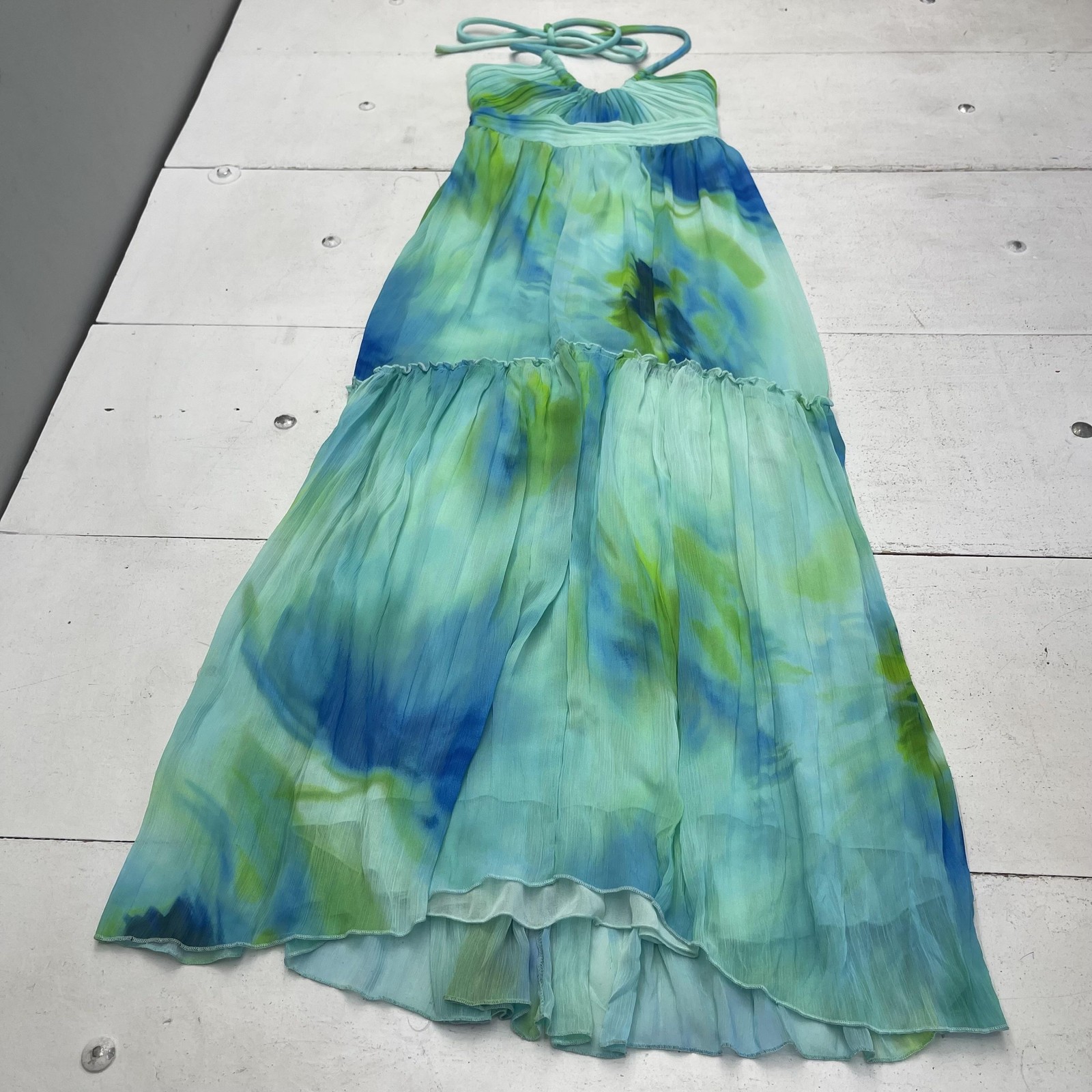 Mango Dress Womens XS Green Tie Dye Halter Pleated Chiffon Maxi Sundress