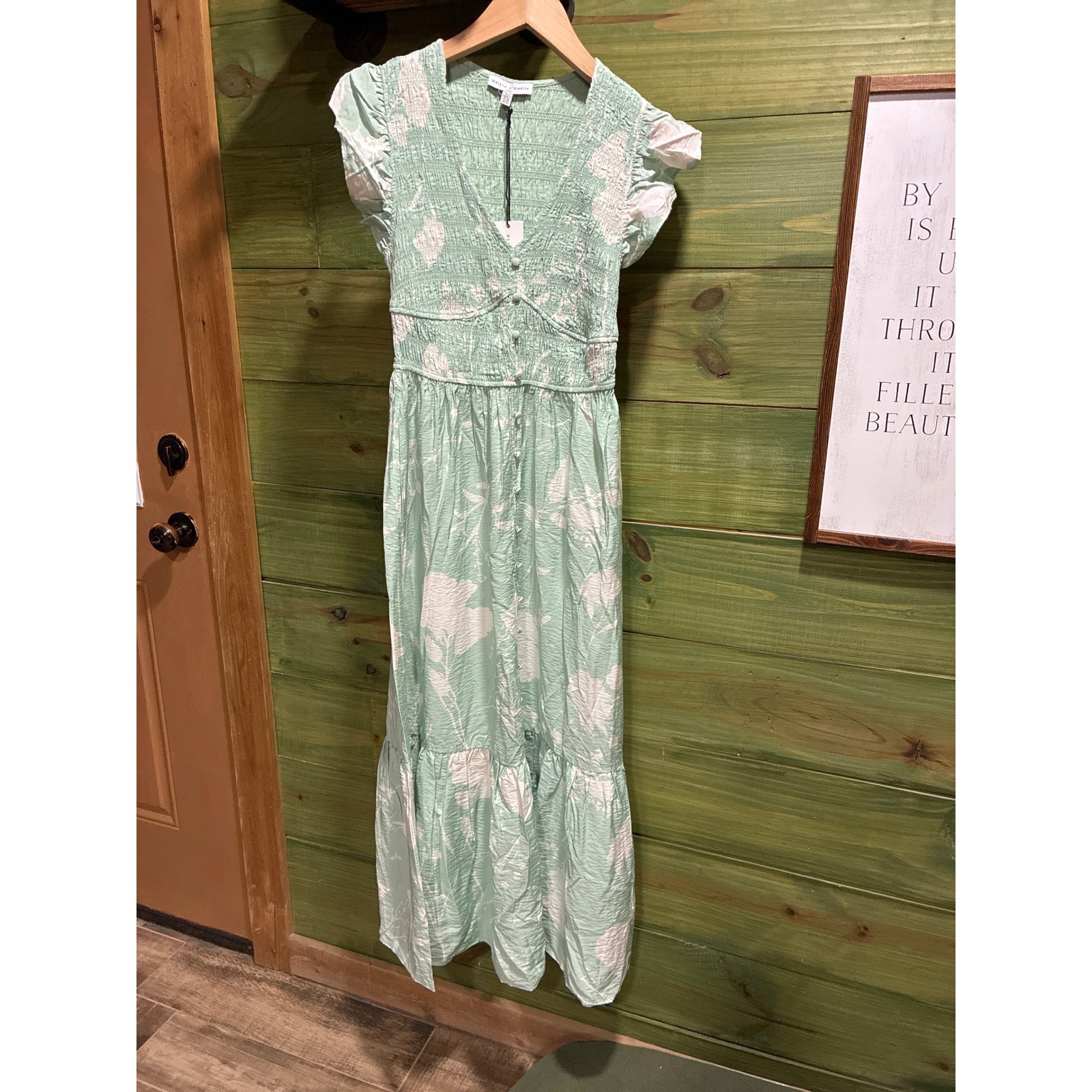 Maison d’Amelie Paris Mint Green Floral Smocked Maxi Dress Ruffle Sleeve XS NEW