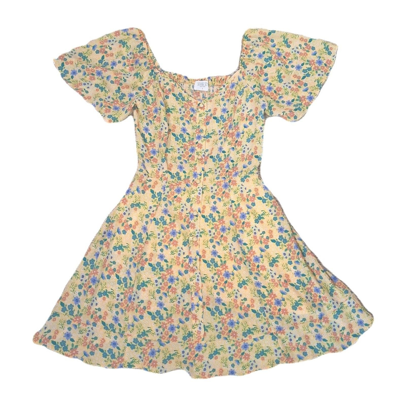 ​Title: SIENNA SKY Yellow Floral Dress S Mini Flutter Sleeve Button Front…