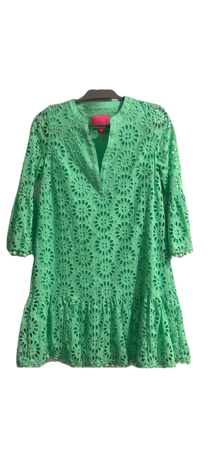 Lilly Pulitzer Green Eyelet Dress – Size Small, Pom Pom Trim, Boho Resort Vibes
