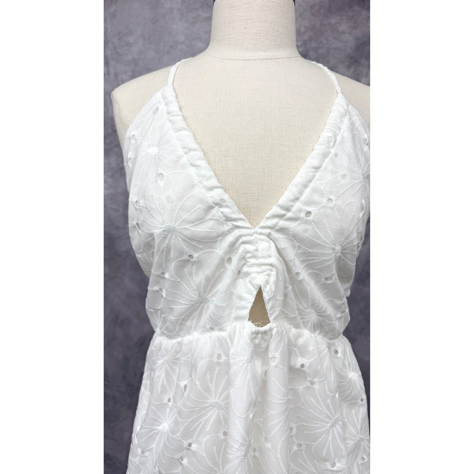 Pink Lily White Eyelet Halter Mini Dress Floral Cutout Backless Womens L White