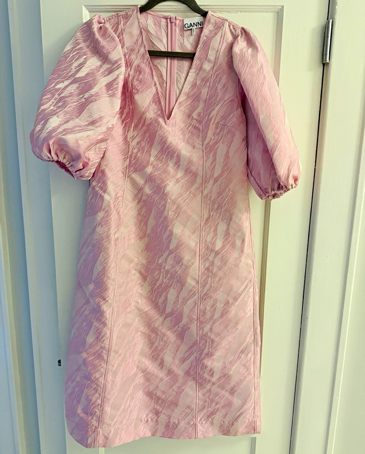 GANNI Pink Jacquard Abstract V-Neck Puff Sleeve Midi Dress Pockets Zip 38