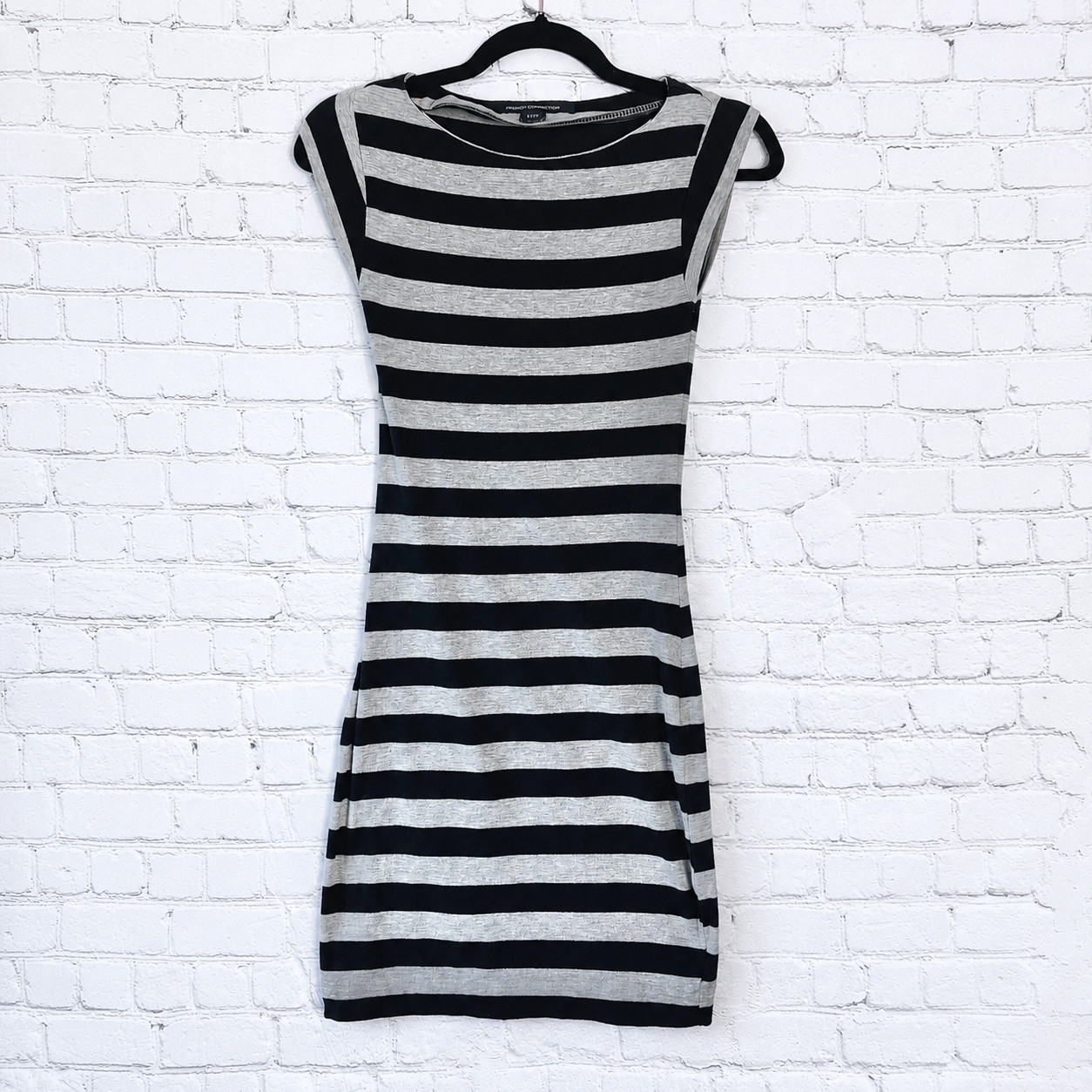 French Connection Navy Blue Grey Stripe Bodycon Midi Dress Women’s US 2 UK 6