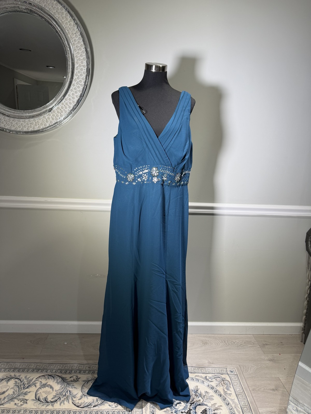 Ally’s Teal Rhinestone Beaded Waist Floor Length Formal Gown Dress Size 12-16
