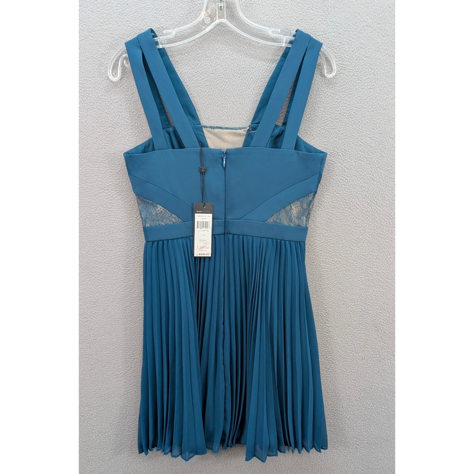 BCBGMAXAZRIA Tenzin Lace Pleated Cocktail Mini Dress Dark Teal Size 2 Party NWT