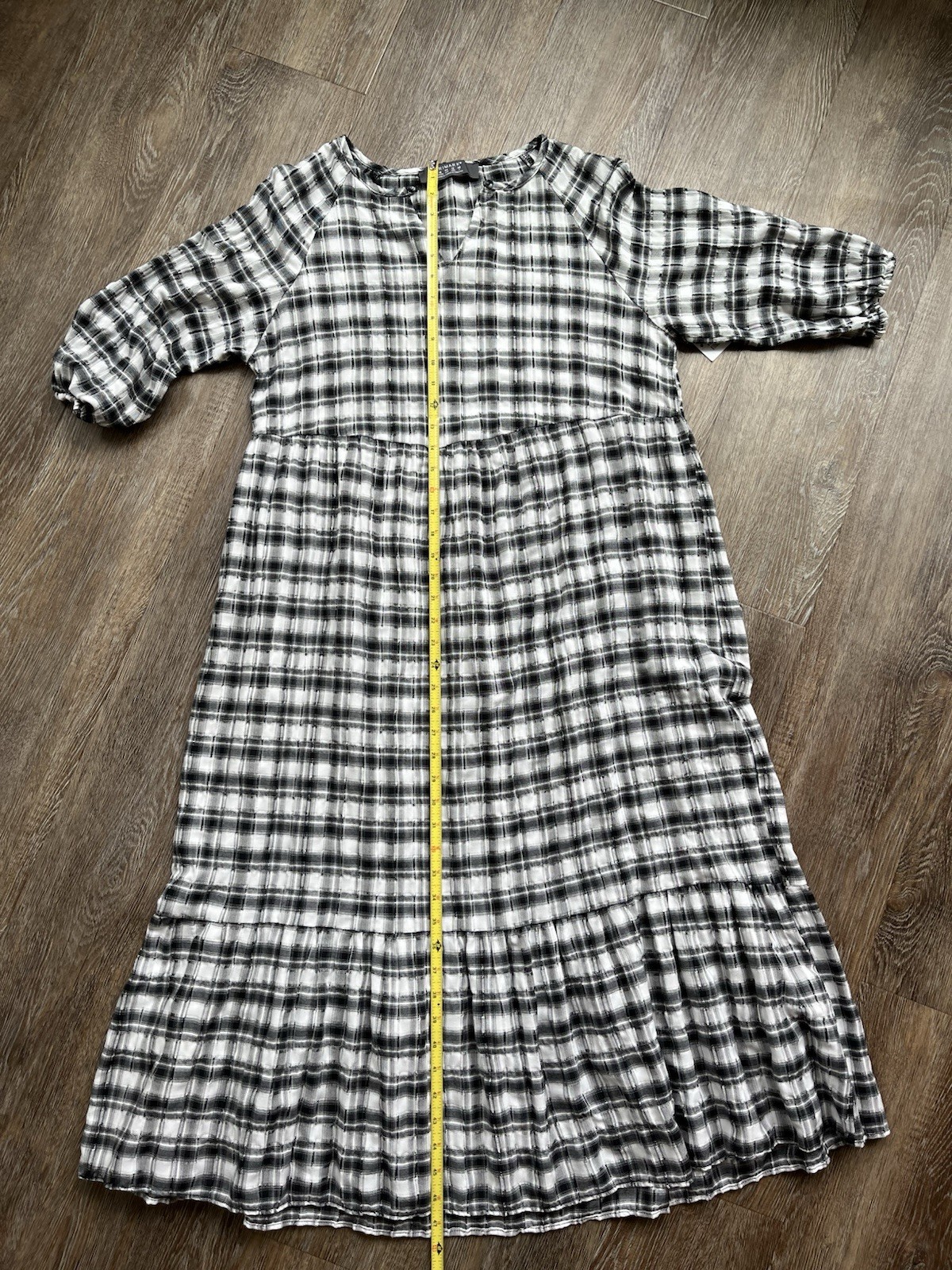 PRIMARK Check Textured Cotton Tiered ￼Dress Navy/Charcoal Gray/Black Sz 12 / L