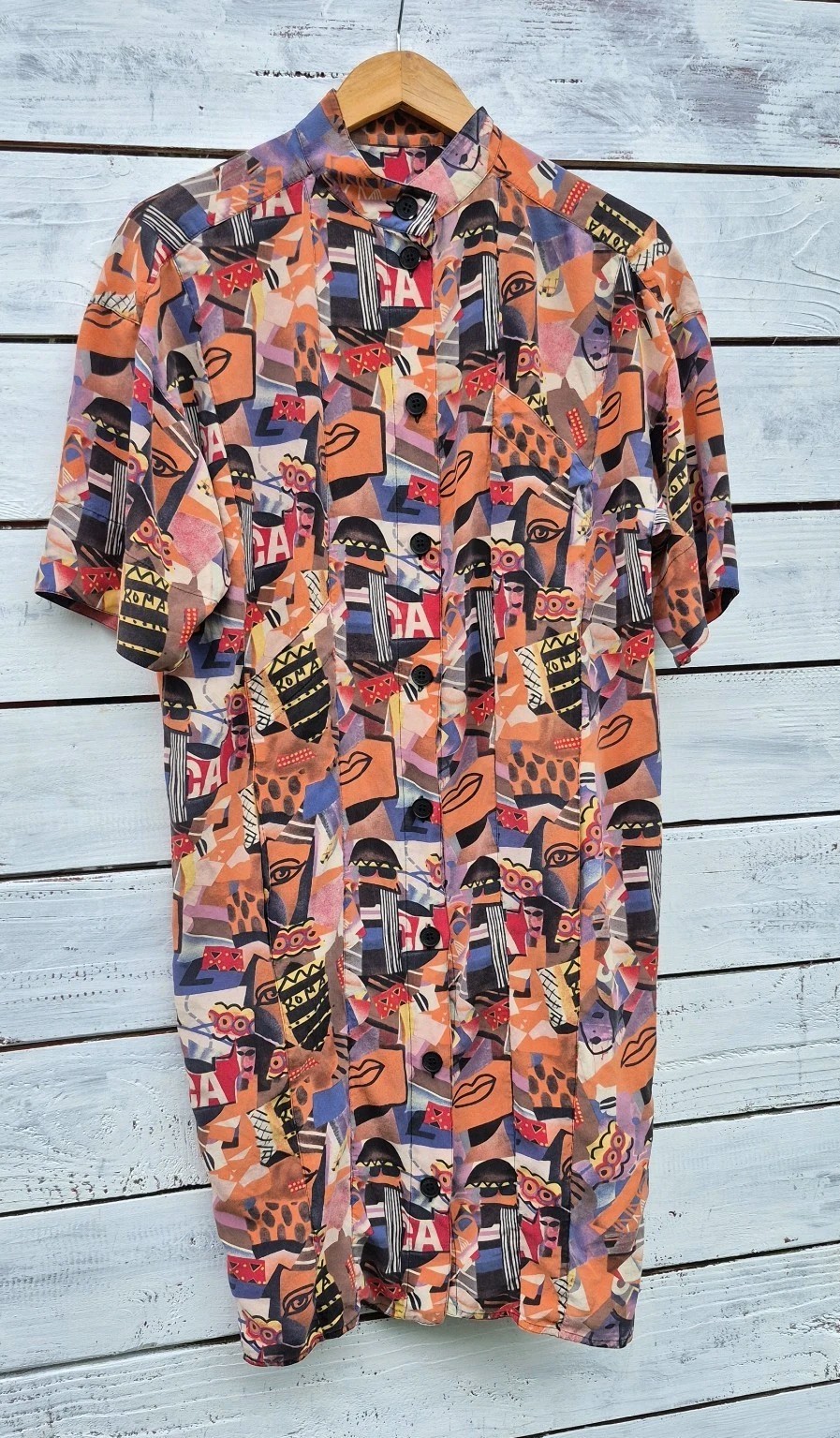 Silk Dress Abstract Face Print Button Front Colorful Graphic Fendi Logo Buttons