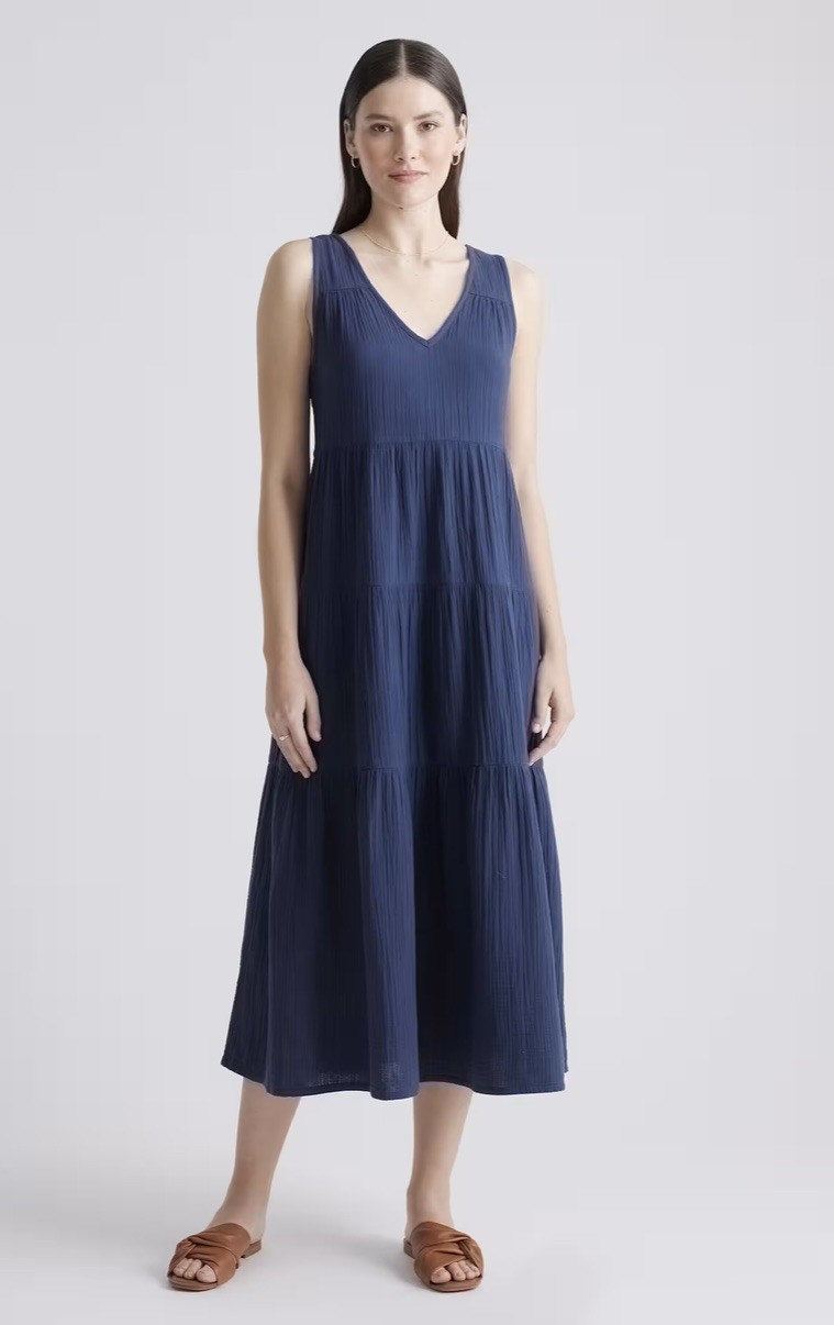 Quince 100% Organic Cotton Gauze Tiered Maxi Dress XL Women Blue Cottage Core
