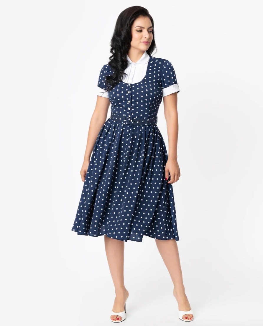 UNIQUE VINTAGE BLUE & WHITE POLKA DOT RICARDO SWING DRESS – NEW – REG & PLUS Sz