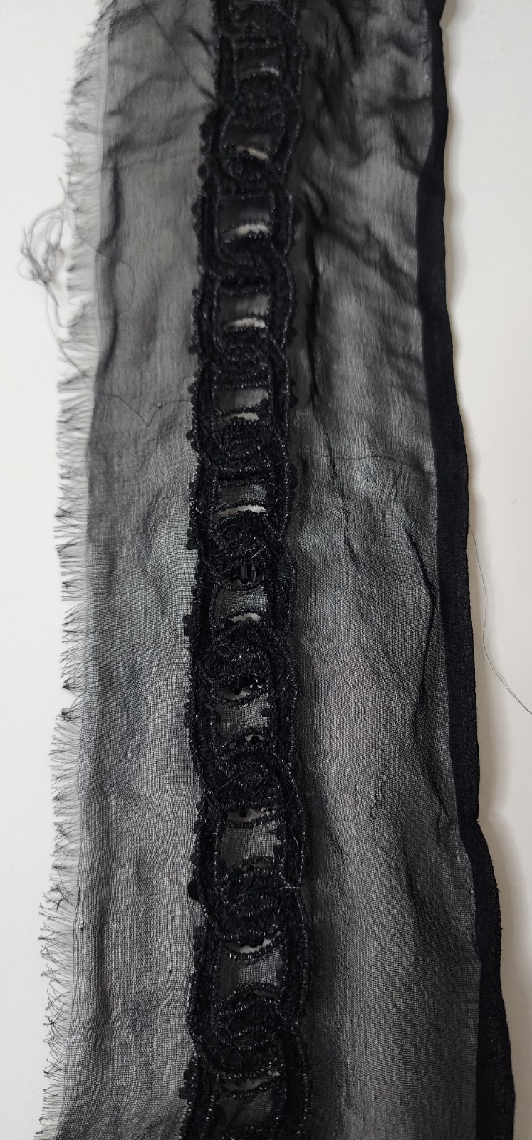 Handmade Custom Designer Black Beaded Lace Trim on Sheer Silk – 33″ Couture