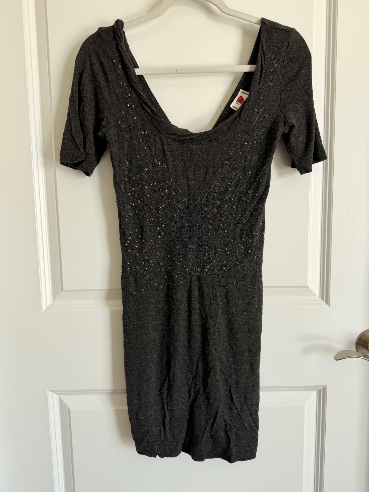 Free People Dress Small Charcoal Gray Studded Beaded Knit Bodycon Mini Vintage