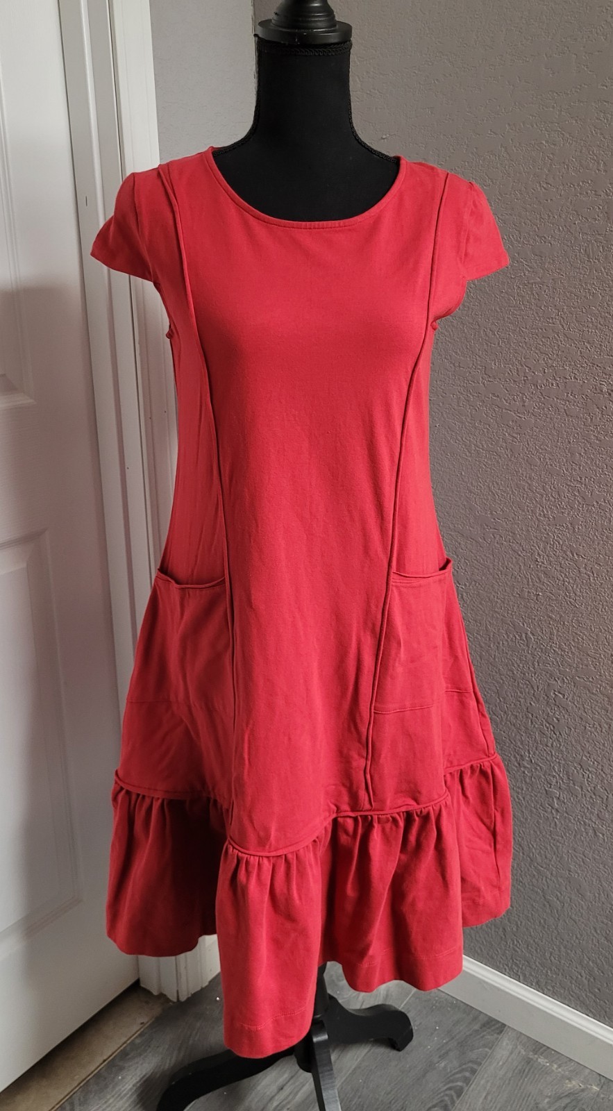 OSO Casuals Fleuri A-line Swing Midi Red Dress Cap Sleeve Front Pockets Women XS